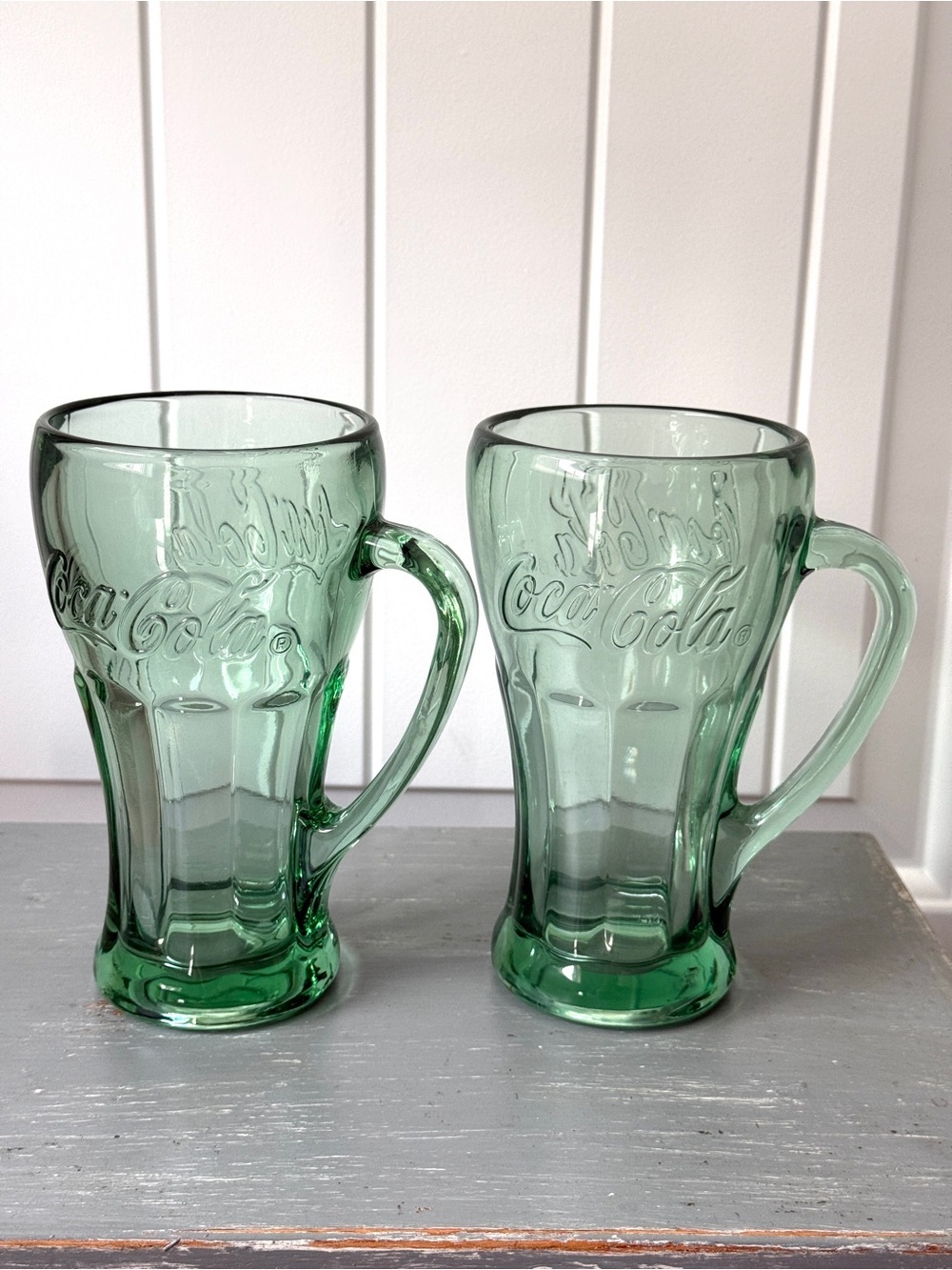Vintage Green Glass Coca-Cola Mugs with Handle | Thick Heavy Glass